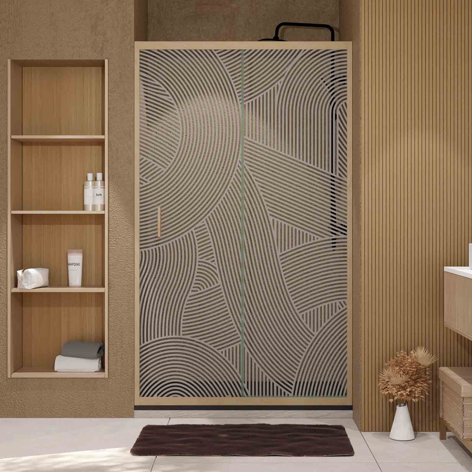 Porte de douche 120 coulissante HINATA - style Japandi courbes douces - Cadre effet Bois - Verre 6mm