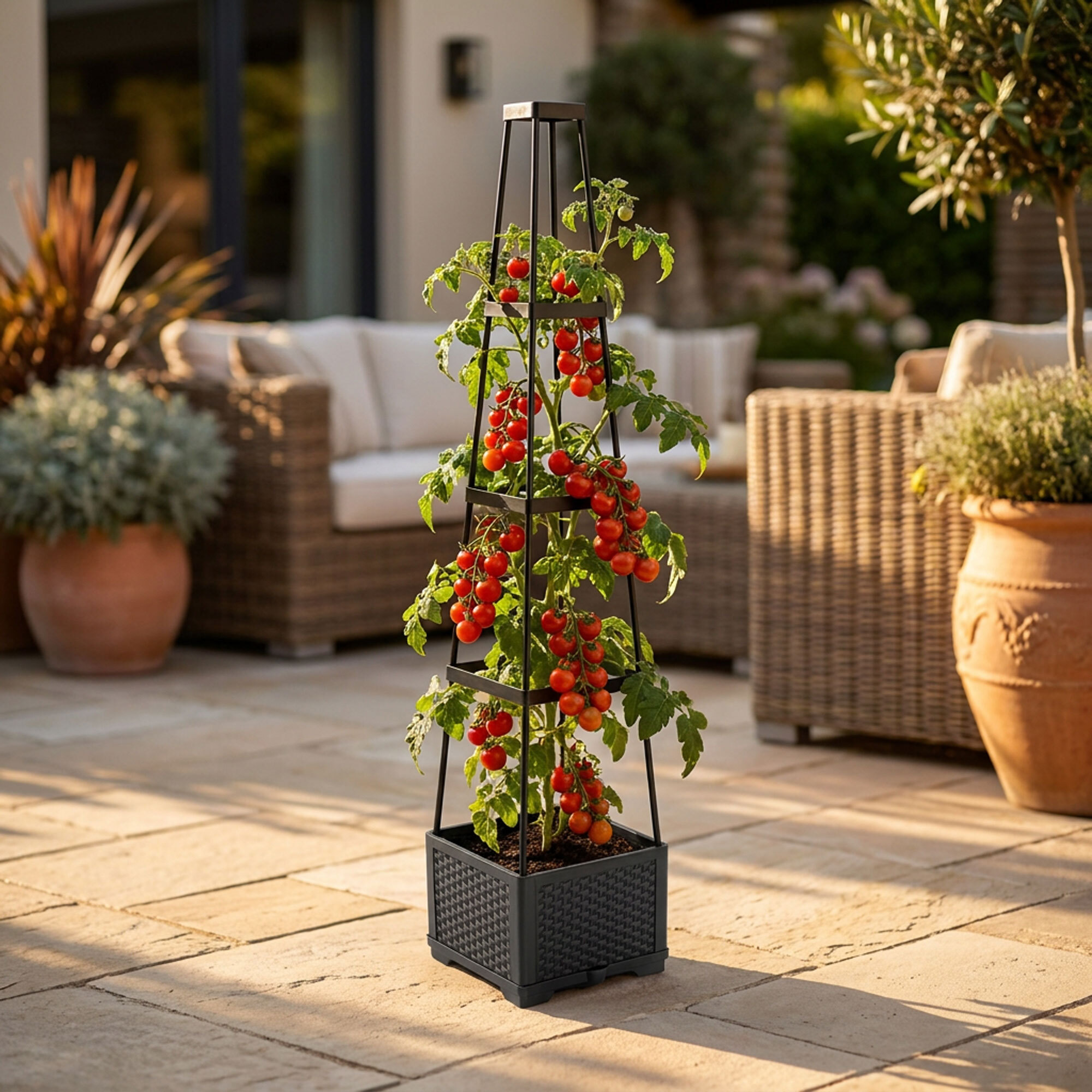 Kiri - Set 2 Vasi Fioriere per Piante di Pomodoro Rampicanti 27x 142,5 cm Autoirrigante in Plastica Nero