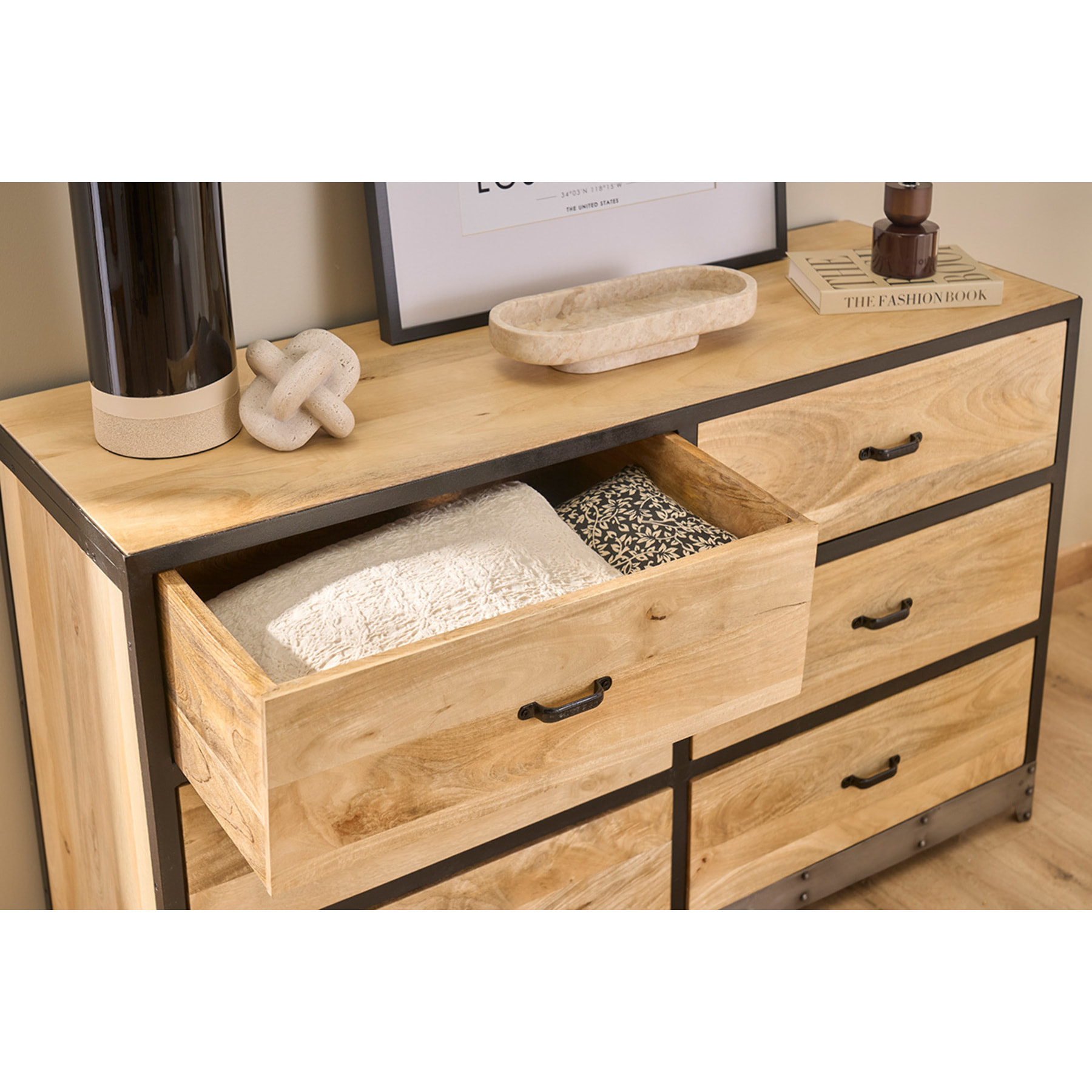 Commode industrielle en bois manguier massif et métal noir 6 tiroirs L130 cm INDUSTRIA