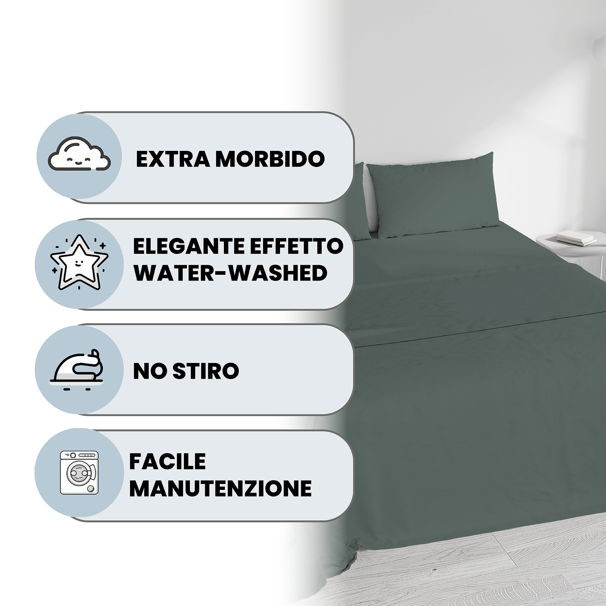 COMPLETO LETTO WATER WASHED, 100% Microfibra, No Stiro - SALVIA