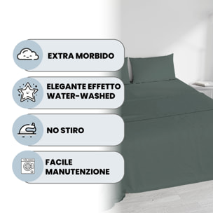 COMPLETO LETTO WATER WASHED, 100% Microfibra, No Stiro - SALVIA