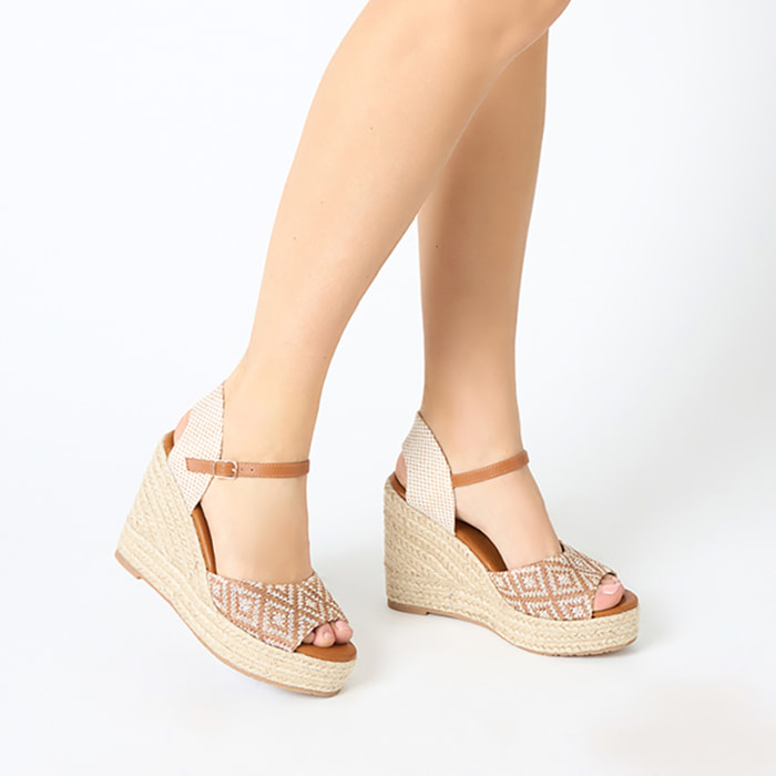 Zeppe donna cognac beige in raffia