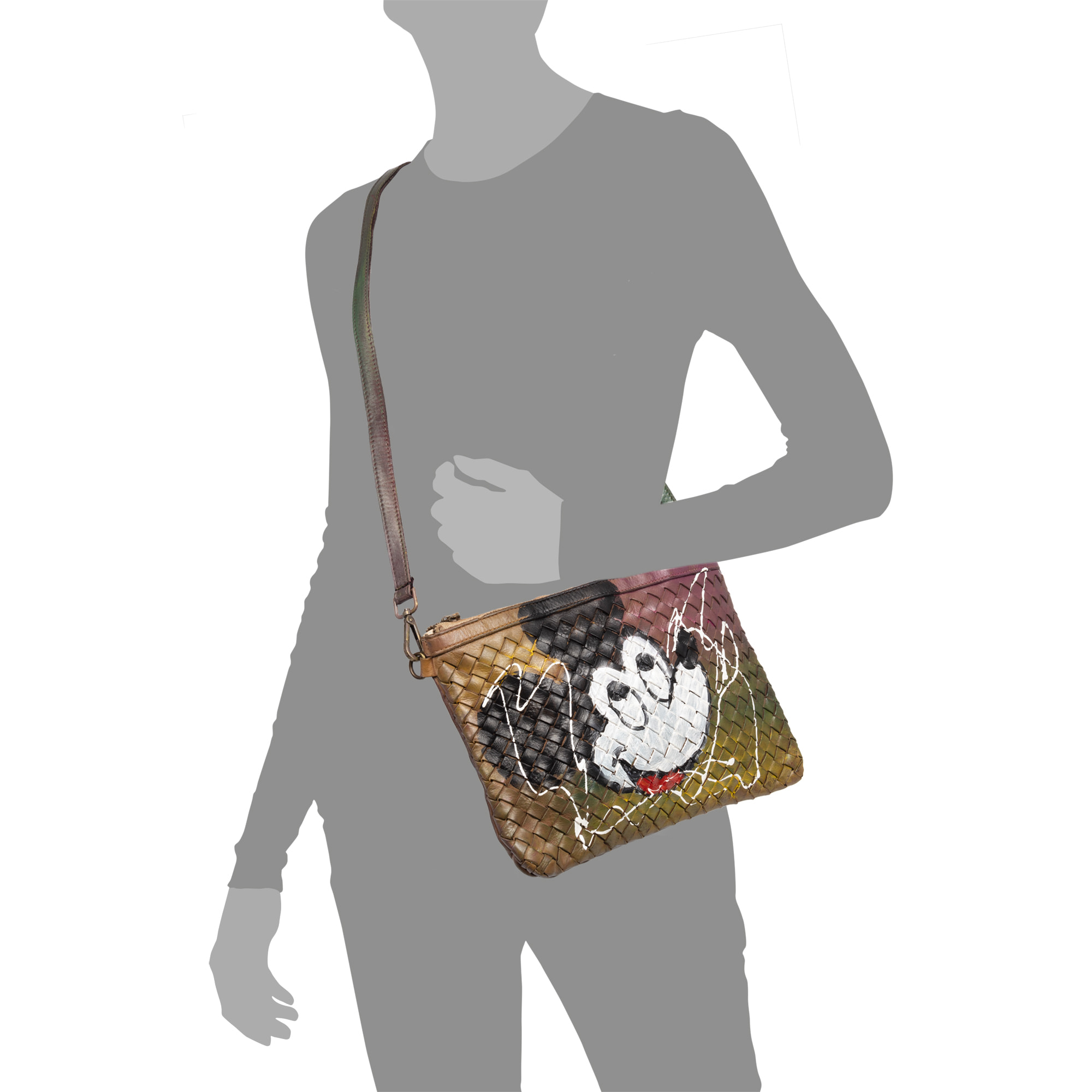 Antignano borsa a tracolla donna. Pelle autentica finitura Sauvage con fronte intrecciato, dipinto a mano.