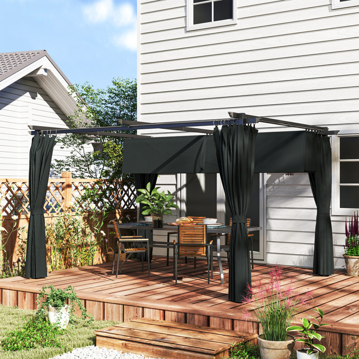 Pérgola con Techo Retráctil 4x3 m Pérgola de Aluminio con Paredes Laterales Cenador con Tela de Poliéster Anti-UV Resistente al Agua Pabellón para Jardín Patio Terraza Gris Oscuro