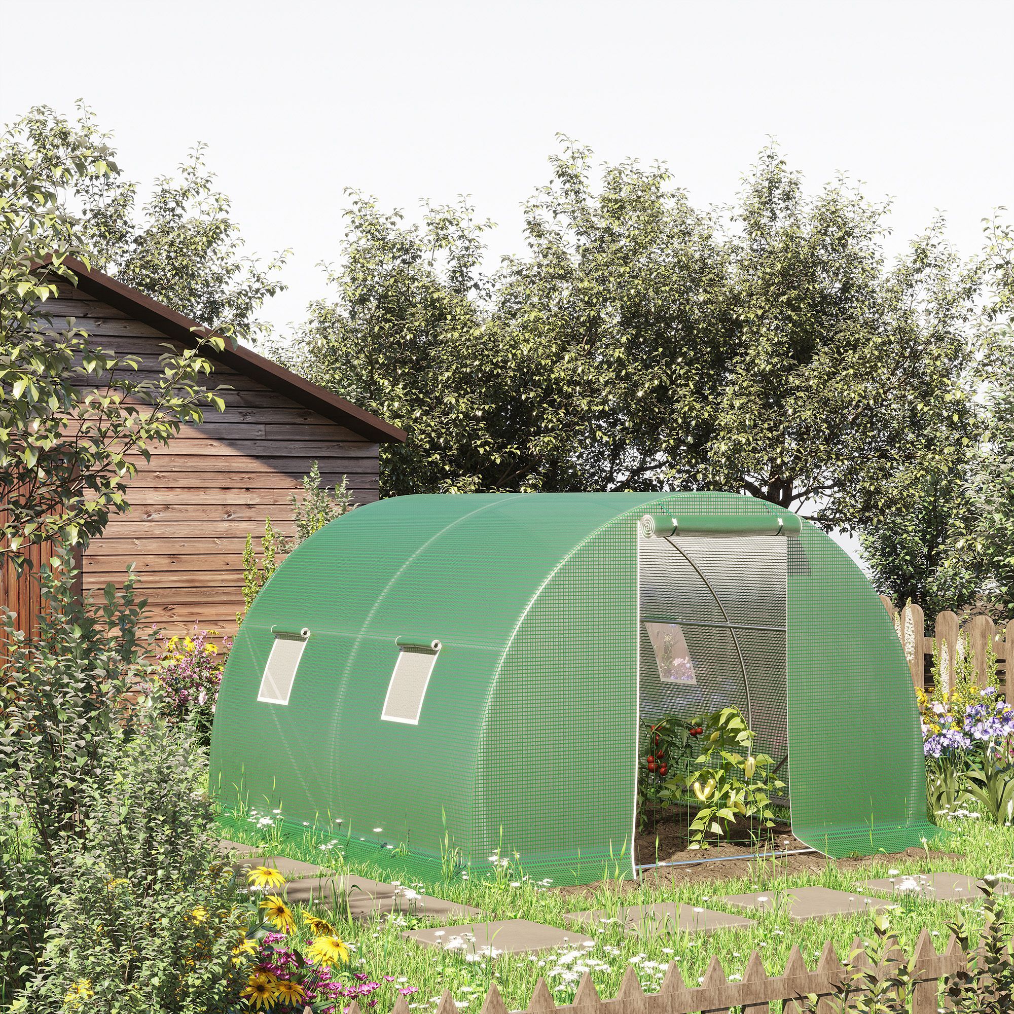 Invernadero de Túnel 3x3x2 m, Invernadero de Jardín con Puerta Enrollable, 4 Ventanas de Malla, Cubierta PE 140g/m², Estructura de Acero Galvanizado, para Cultivos, Plantas, Flores, Verde