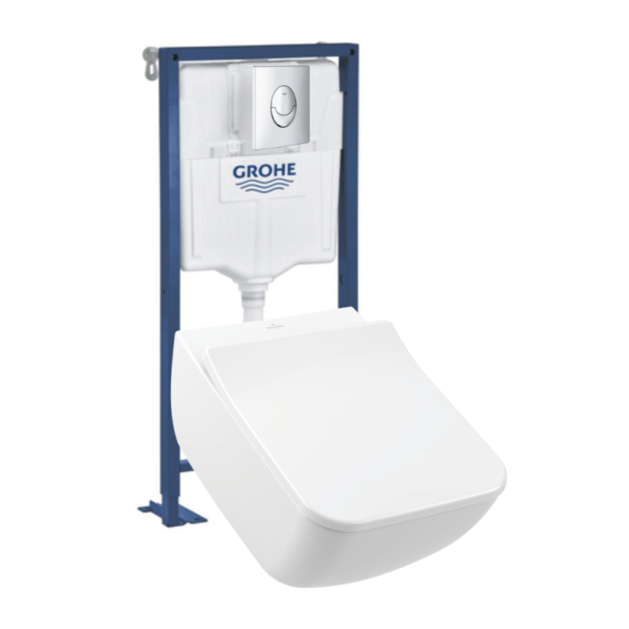 Pack WC suspendu sans bride Venticello + abattant + plaque chromée + bâti Grohe