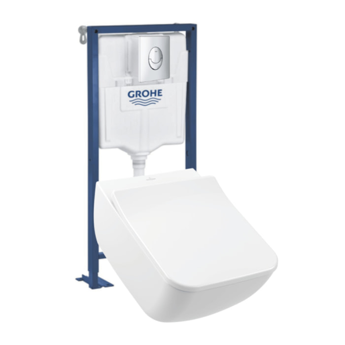Pack WC suspendu sans bride Venticello + abattant + plaque chromée + bâti Grohe