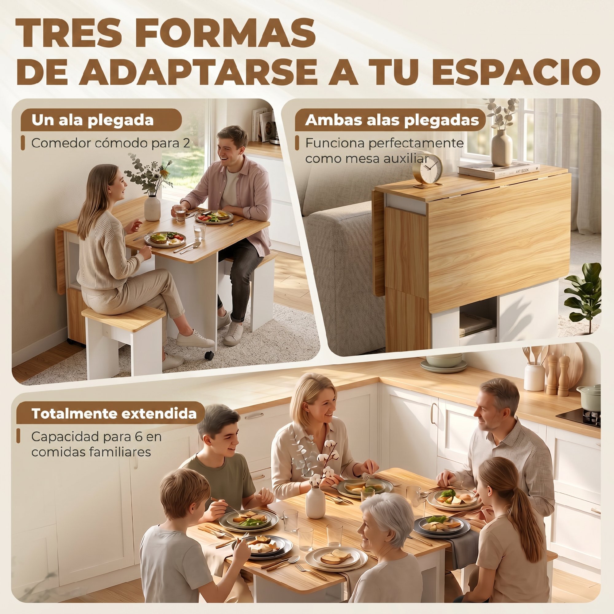 HOMCOM Conjunto Mesa y 4 Sillas de Comedor, Mesa de Comedor Plegable con Taburetes Ocultos, 2 Alas Abatibles, Ruedas, Estantes, Ahorro de Espacio, para 4-6 Personas, Roble