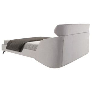 Cama Angel Cerdá de matrimonio con un cabecero y estructura en tela en gris claro y patas de acero inoxidable en epoxi negro 207x250x102cm