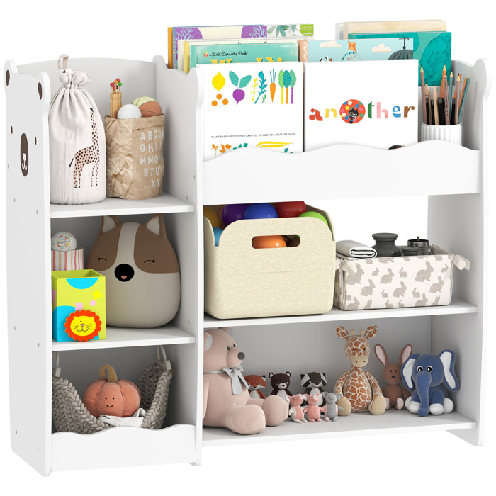 Estantería Infantil para Juguetes con Estantes Abiertos, Compartimentos, Diseño de Ositos, Organizador de Juguetes para Dormitorio, Sala de Juegos, Guardería, Blanco