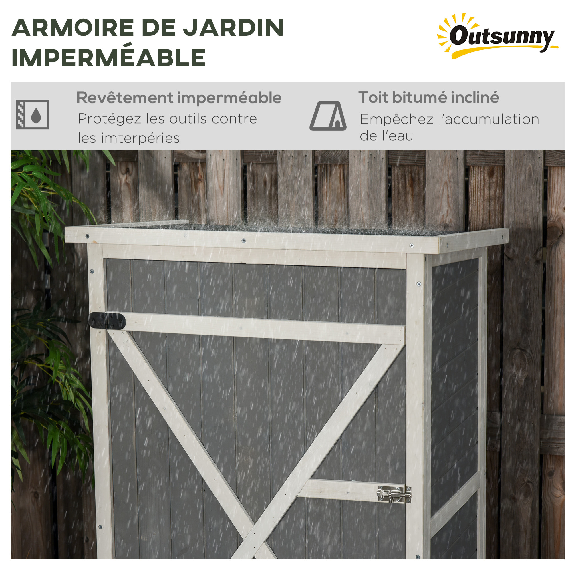 Armoire abri de jardin remise pour outils - grande porte verrouillable loquet - 2 étagères - toit bitumé incliné bois de sapin blanc gris