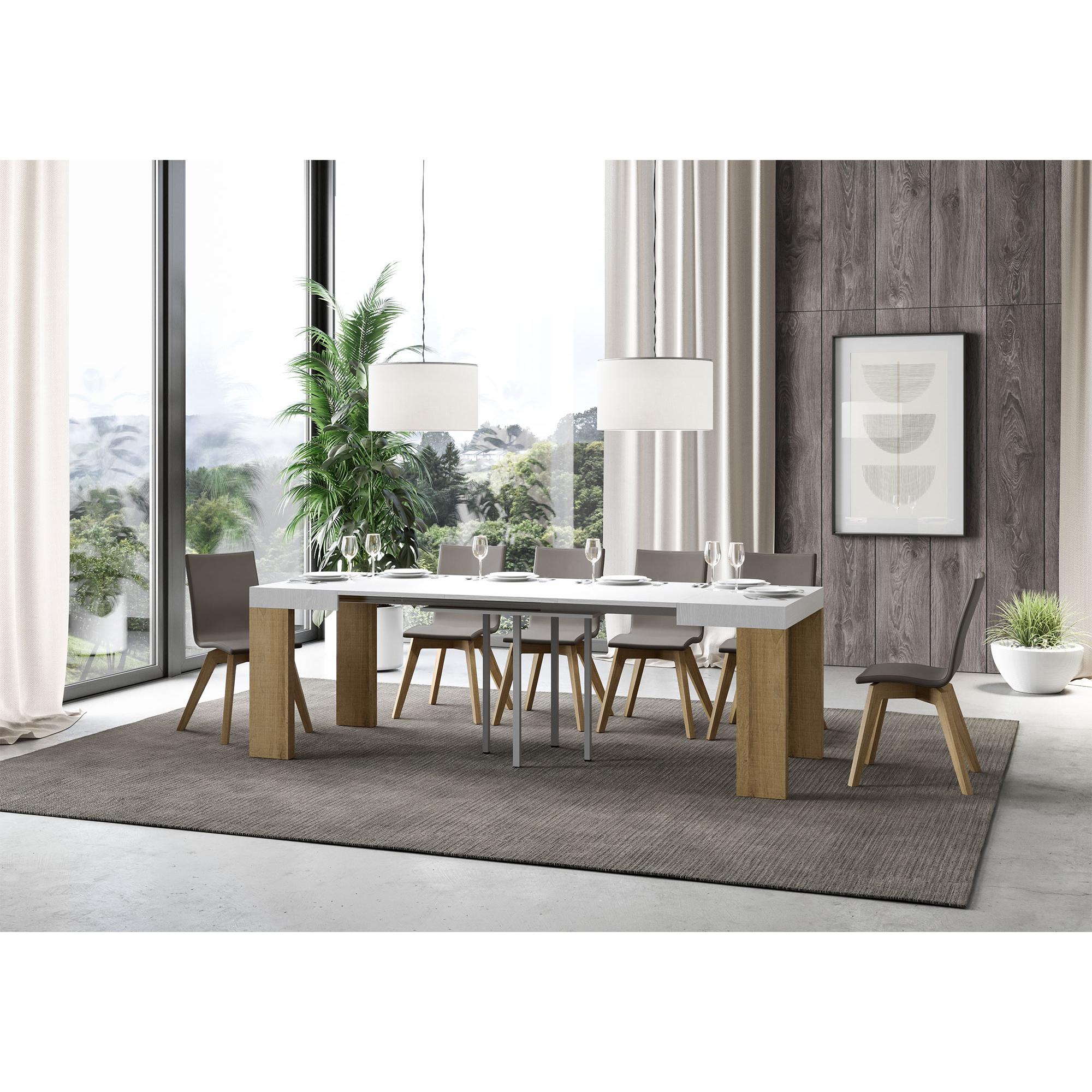 Mesa extensible 90x90/246 cm Roxell Mix tapa Fresno Blanco patas Roble Natural