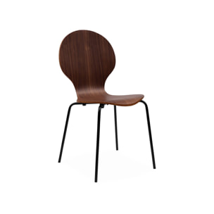 Lot de 4 chaises noyer. rétro empilables. bois d'hévéa et contreplaqué. pieds en acier. Naomi. L 43 x P 48 x H 87cm