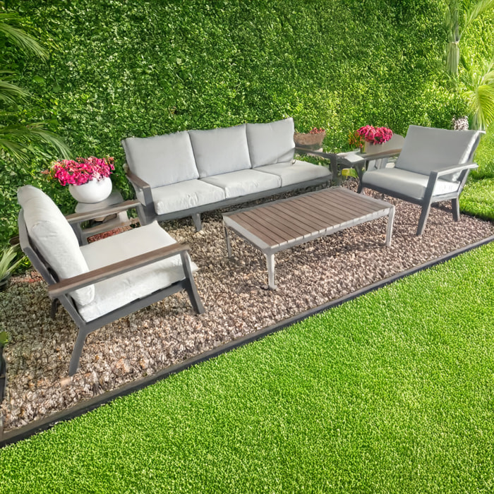 Ikigai - Set Salotto da Giardino Divano 3 Posti 2 Poltrone e Tavolino con Cuscini in Alluminio e Legno Plywood