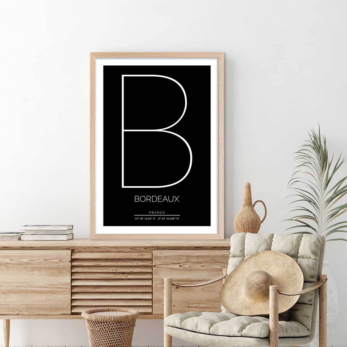 Poster b bordeaux Affiche + cadre en bois - Chêne