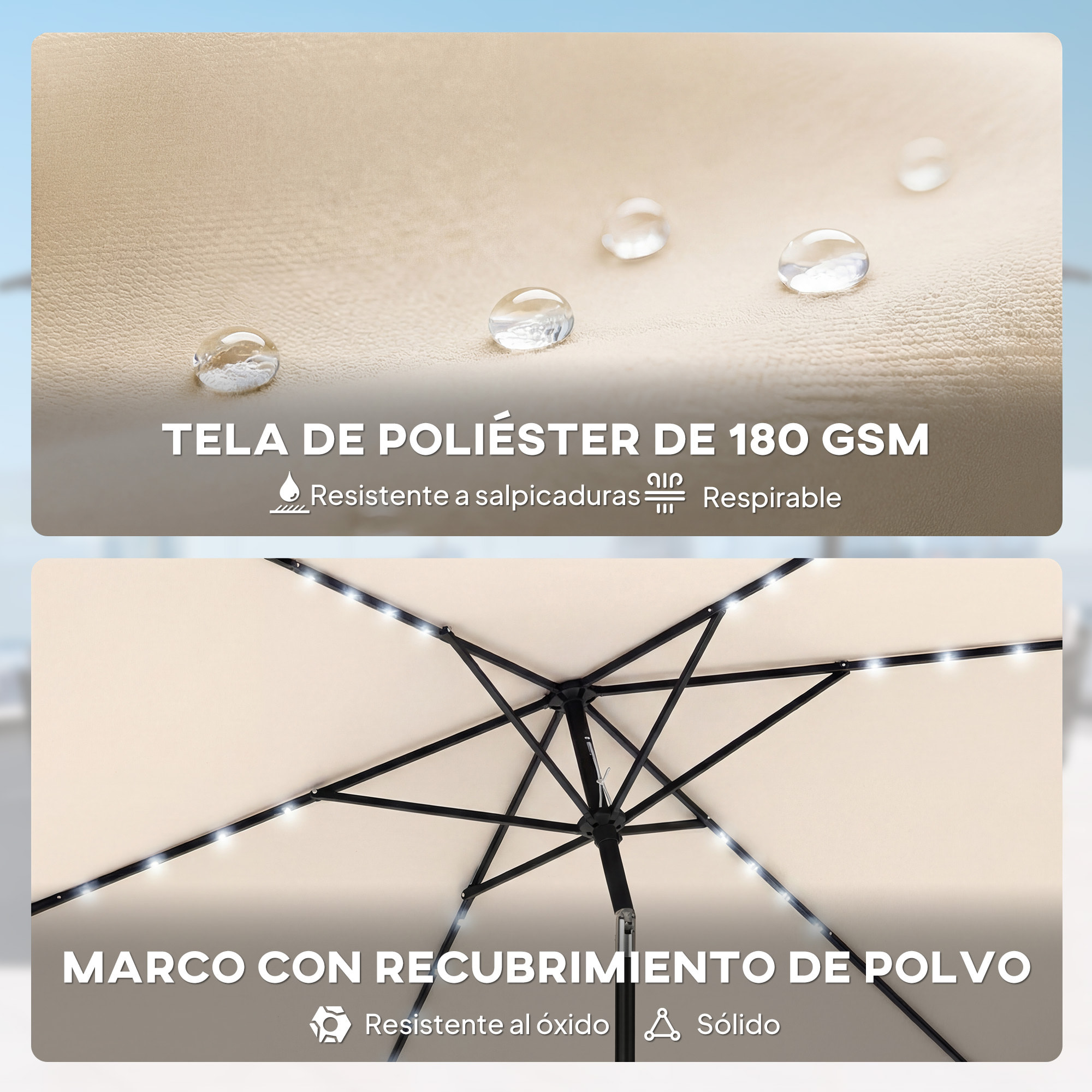 Sombrilla Terraza Exterior, 2,9x2,5 m, Sombrilla de Jardín con 24 Luces LED Solares, Dosel Inclinable, Poste Metálico, Parasol para Patio, Terraza, Crema