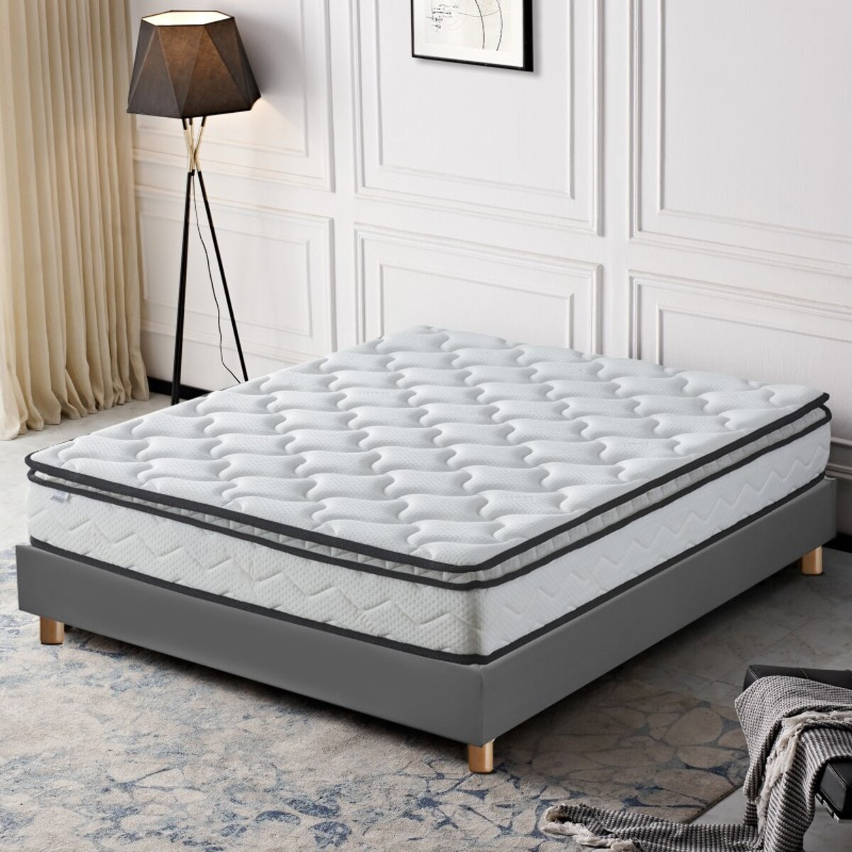 Ensemble matelas Sultan & sommier déco| 100% Mémoire de forme | Surmatelas intégré | Cadre à lattes | Simili Cuir | Gris