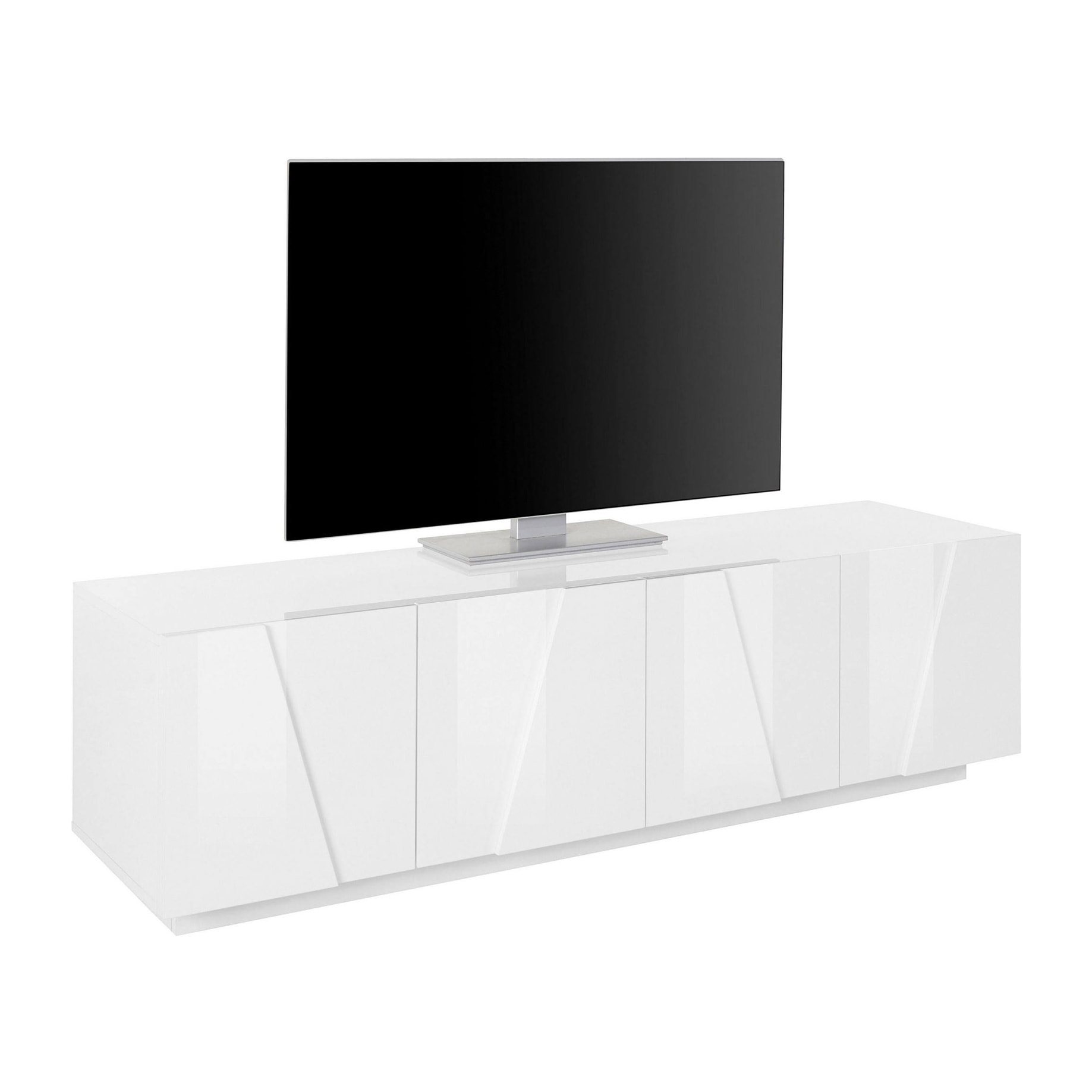 Mobile da soggiorno Porta TV, Made in Italy, Supporto per TV da salotto a 4 ante con dettaglio, cm 162x44h46, colore Bianco lucido