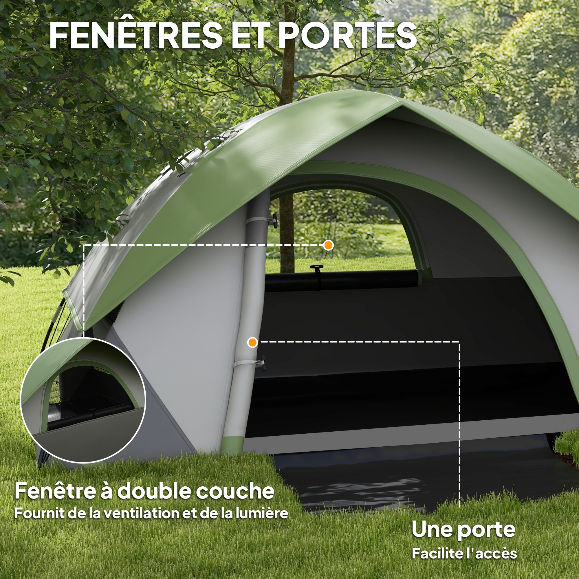 Tente de camping 2 personnes dôme étanchéité 3000 mm tapis de sol sac transport vert gris