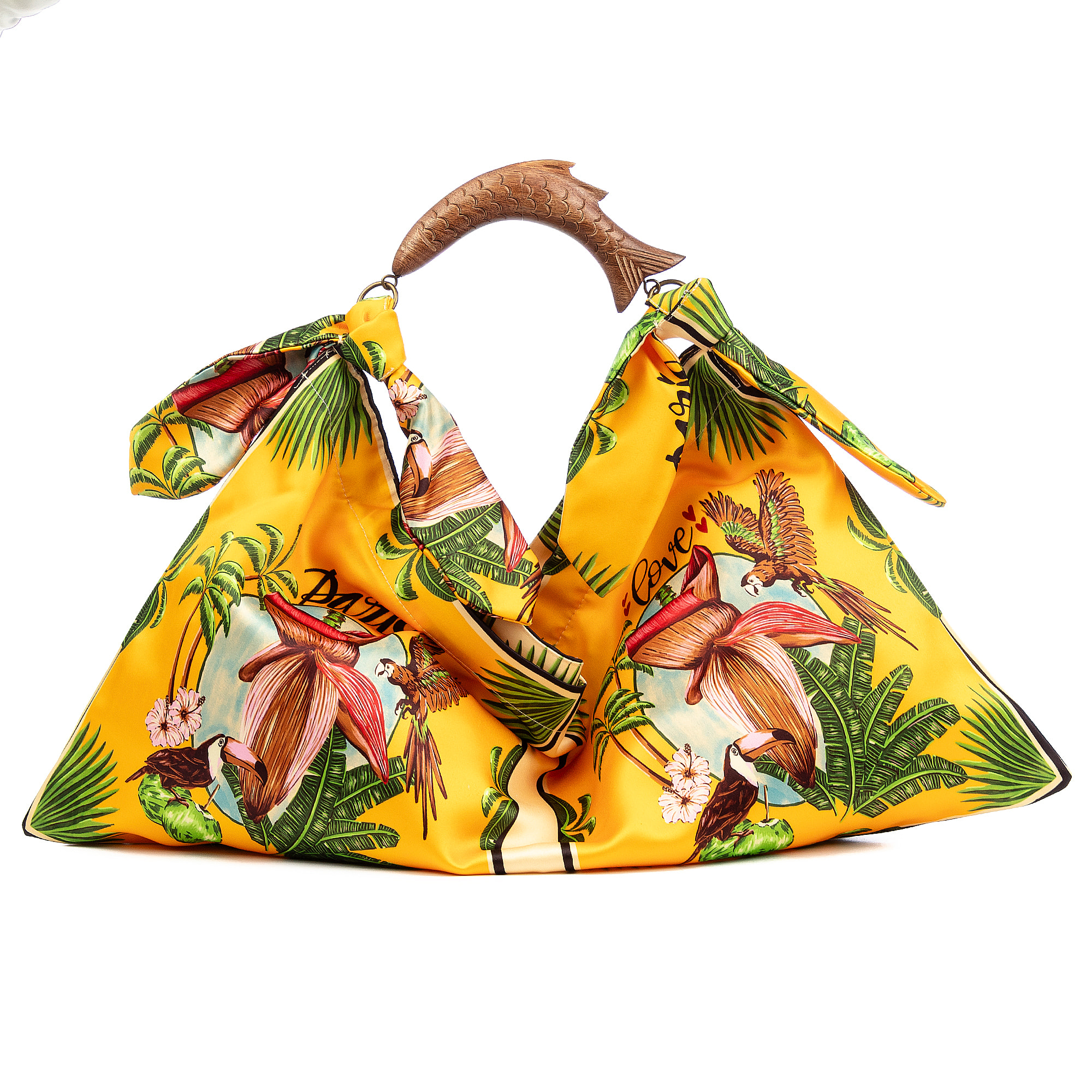 Bereguardo Bolso de hombro Mujer. Fabricado en tejido suave estampado con tintes naturales con asa de madera.