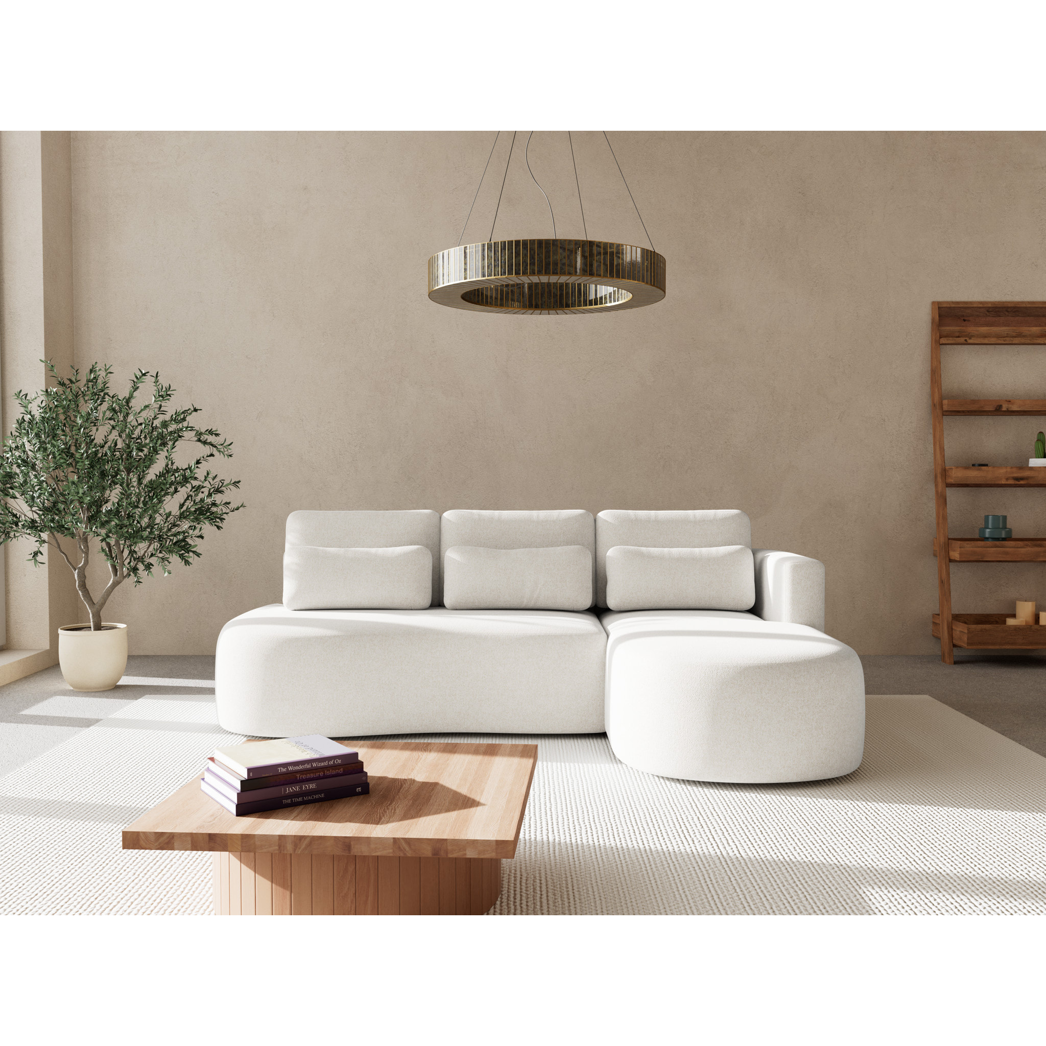Mahina - canapé d'angle droit 4 places convertible avec coffre en tissu texturé - Beige