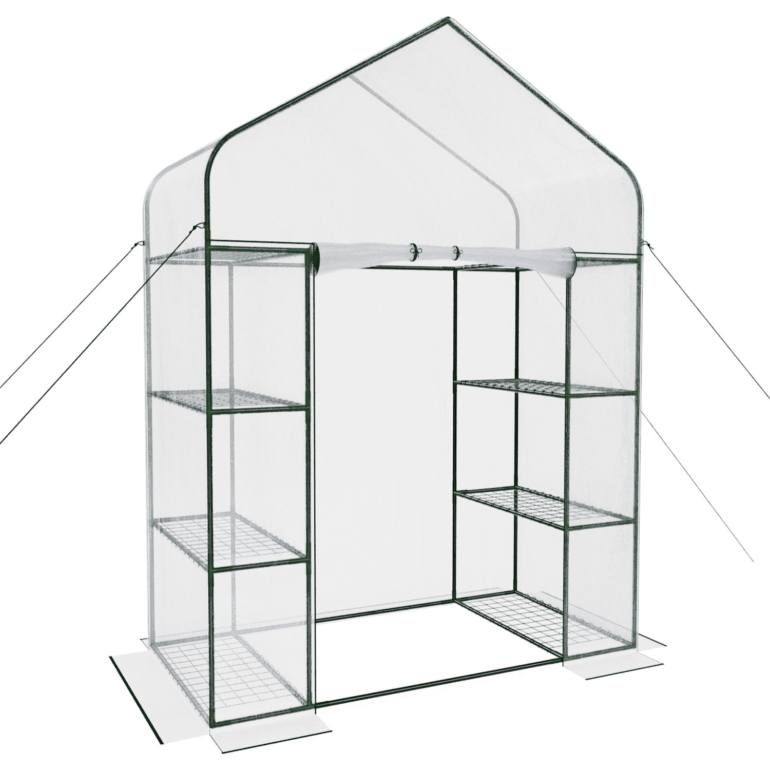 Serra Da Giardino Per Orto Con 8 Ripiani In Metallo Telaio A Casetta Acciaio Telo Trasparente PVC Porta Avvolgibile Apertura Cerniera 143x74x195 Cm