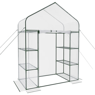 Serra Da Giardino Per Orto Con 8 Ripiani In Metallo Telaio A Casetta Acciaio Telo Trasparente PVC Porta Avvolgibile Apertura Cerniera 143x74x195 Cm