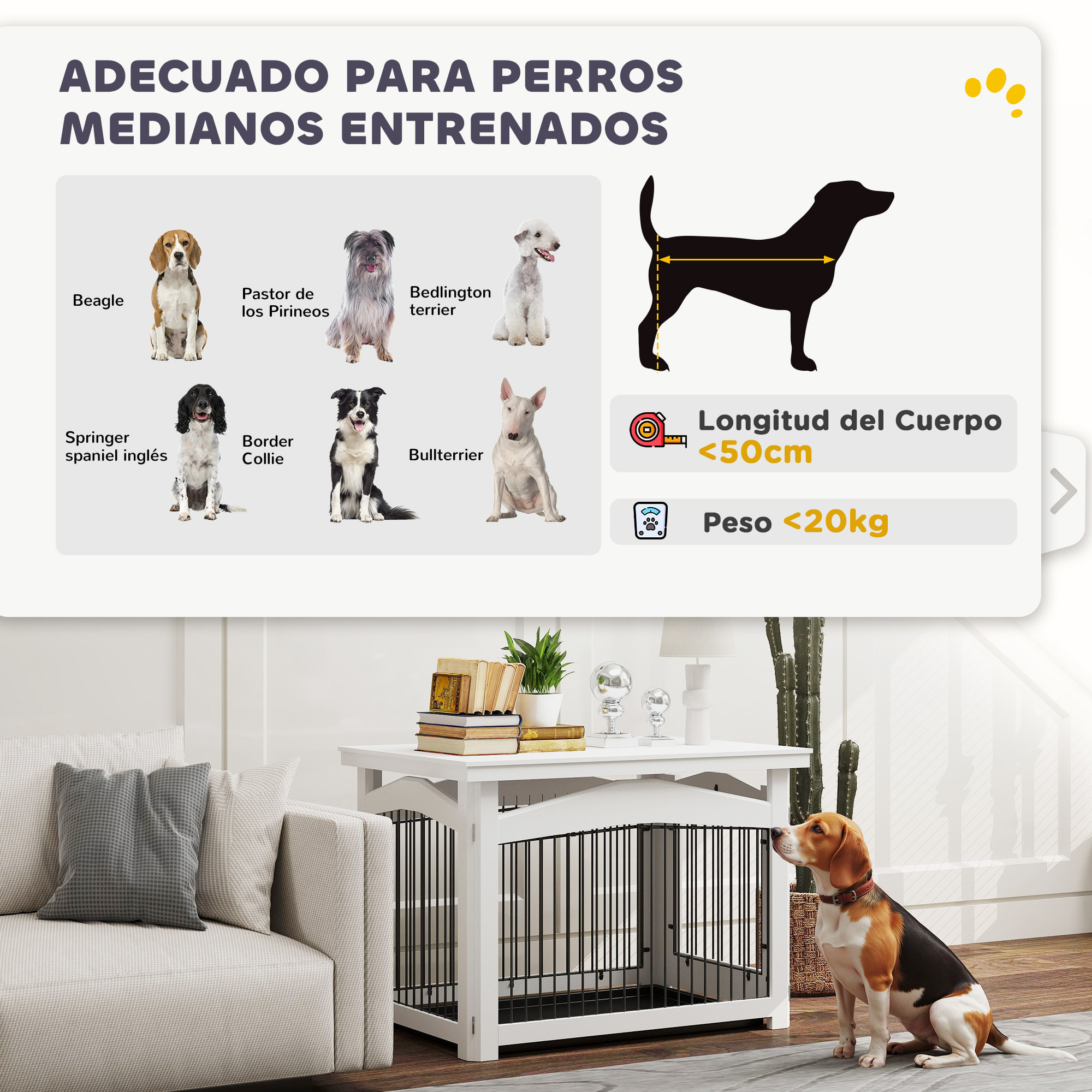 Jaula para Perros Medianos 3 en 1 Mesa Auxiliar Barrera para Perros con Puerta con Pestillo Tapa Superior Desmontable y Bandeja Extraíble 82,5x57,5x59,5 cm Blanco