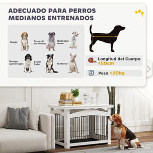 Jaula para Perros Medianos 3 en 1 Mesa Auxiliar Barrera para Perros con Puerta con Pestillo Tapa Superior Desmontable y Bandeja Extraíble 82,5x57,5x59,5 cm Blanco