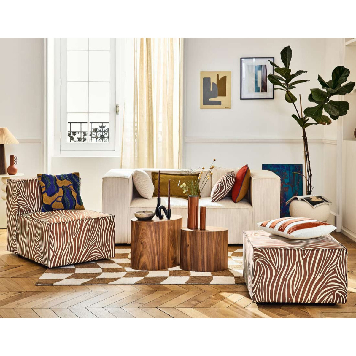 Arty - pouf zèbre en velours - Marron / Blanc
