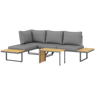 Ensemble salon de jardin 4 places modulable réglable avec table basse acier gris bois d'acacia verni