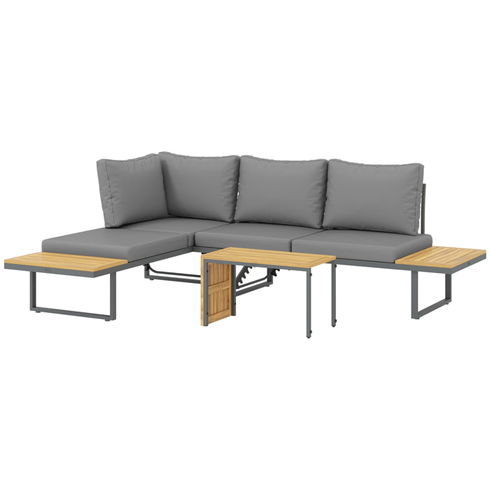 Ensemble salon de jardin 4 places modulable réglable avec table basse acier gris bois d'acacia verni