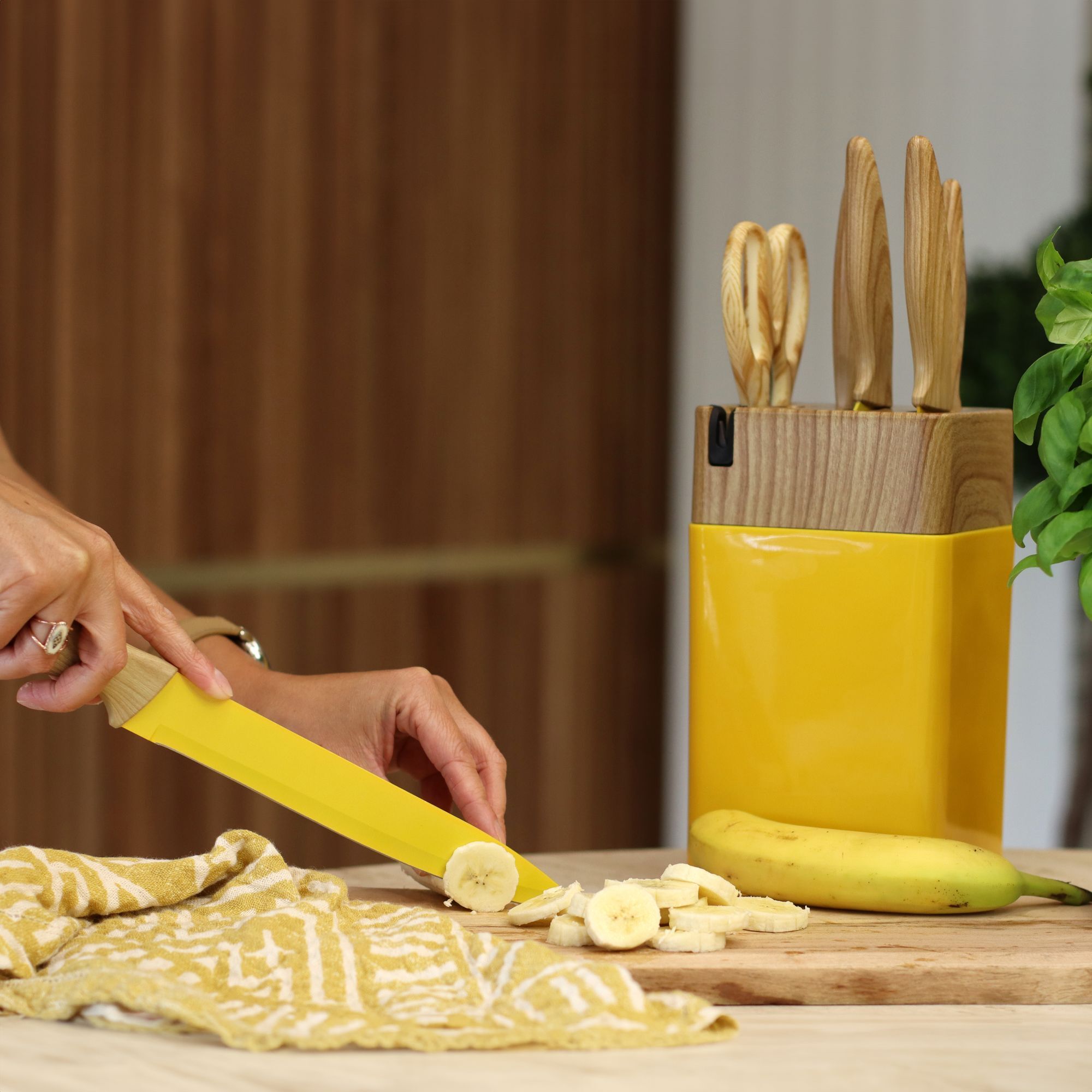 Bloc à couteaux 6 pièces jaune et effet bois  COLORAMA