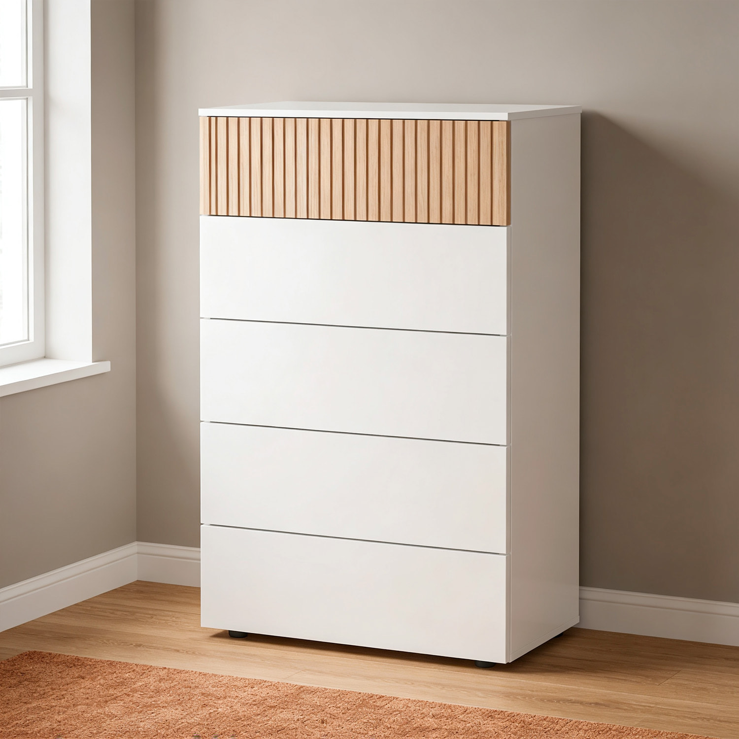 Comò Settimino 5 Cassetti Settimanale Alto Salvaspazio Mobile Mobiletto Cassettiera Camera da Letto Ingresso 109 x 61 x 40 Cm Bianco E Rovere Listato