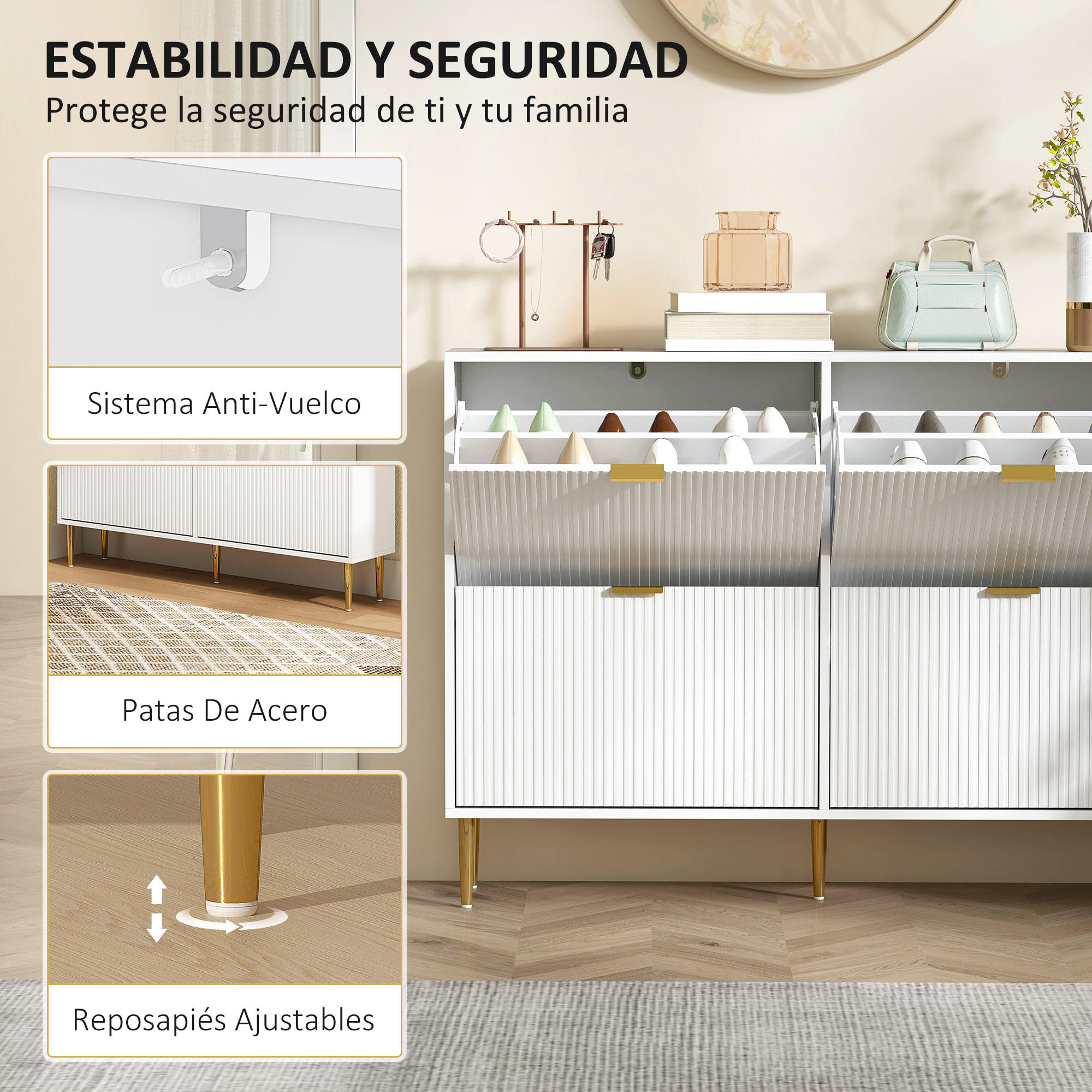 Zapatero Estrecho con 4 Puertas Acanaladas Zapatero Entrada Recibidor con Estantes Ajustables para 20 Pares de Zapatos 105x24x91,5 cm Blanco