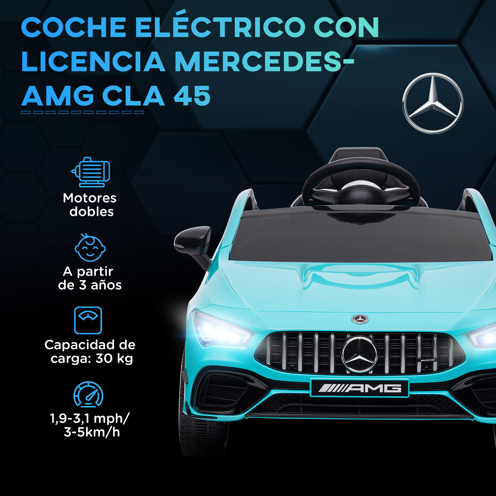 Coche Eléctrico para Niños de +3 Años Mercedes-AMG CLA 45 Carro Eléctrico Infantil con Batería 12V Mando a Distancia Faros LED Bocina Música y Ruedas Auxiliares Azul Claro