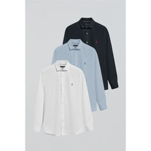Pack di tre camicie slim in blu marino, bianco e celeste con logo Rigby Go