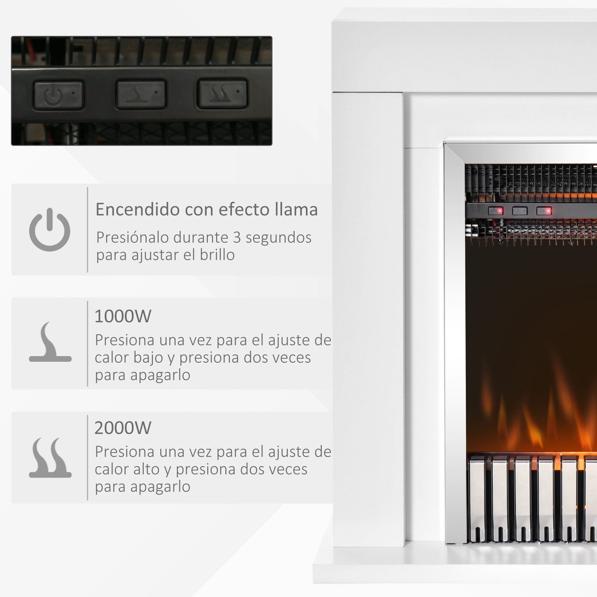 HOMCOM Chimenea Eléctrica Potencia 1000/2000W con Llama Termostato Mando a Distancia Temporizador y Protección Sobrecalentamiento para 20-25 m² 79x26x77,5 cm Blanco