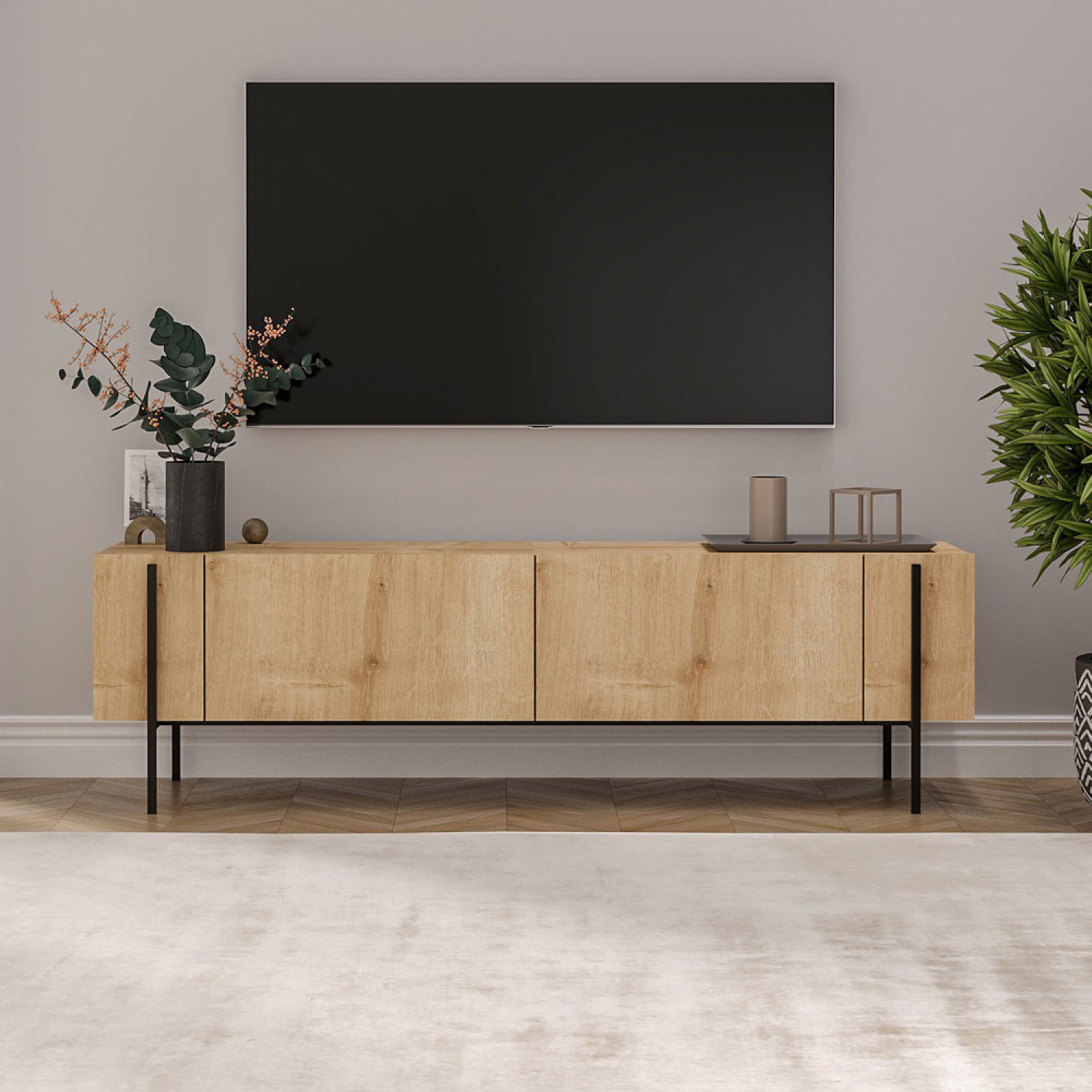 STAUTON Meuble TV avec placards bois et détails noirs 160cm