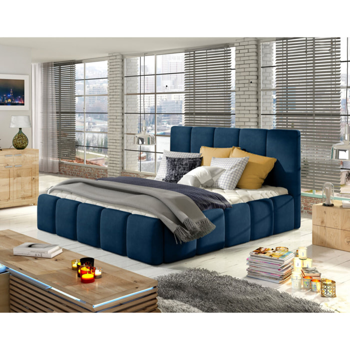 Lucea - lit coffre - 140x200 - sommier inclus - en velours - Bleu nuit