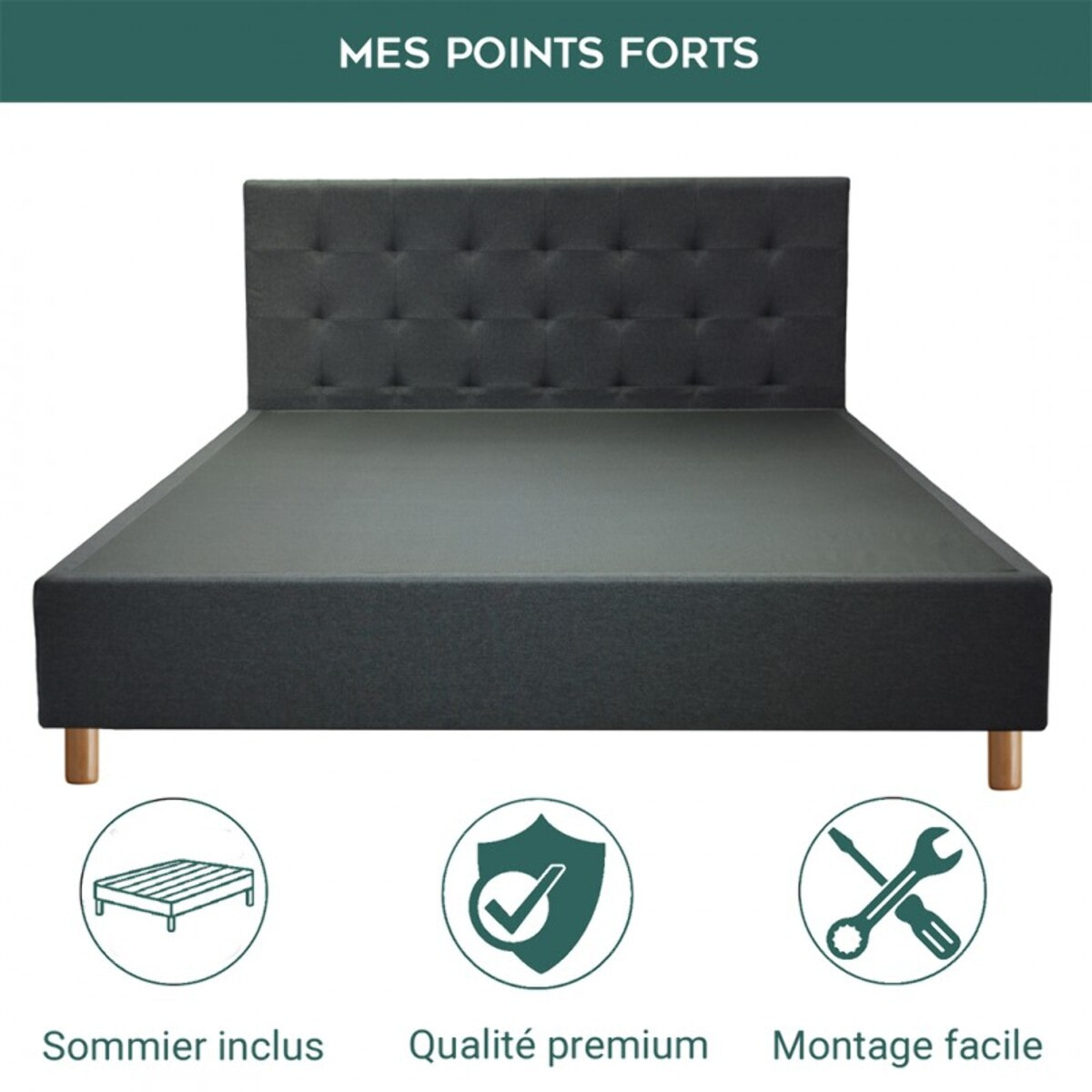 Lit Milan avec tête de lit capitonnée | Robuste et confortable | Montage simple rapide | Tissu | Gris foncé