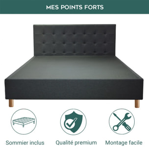Lit Milan avec tête de lit capitonnée | Robuste et confortable | Montage simple rapide | Tissu | Gris foncé