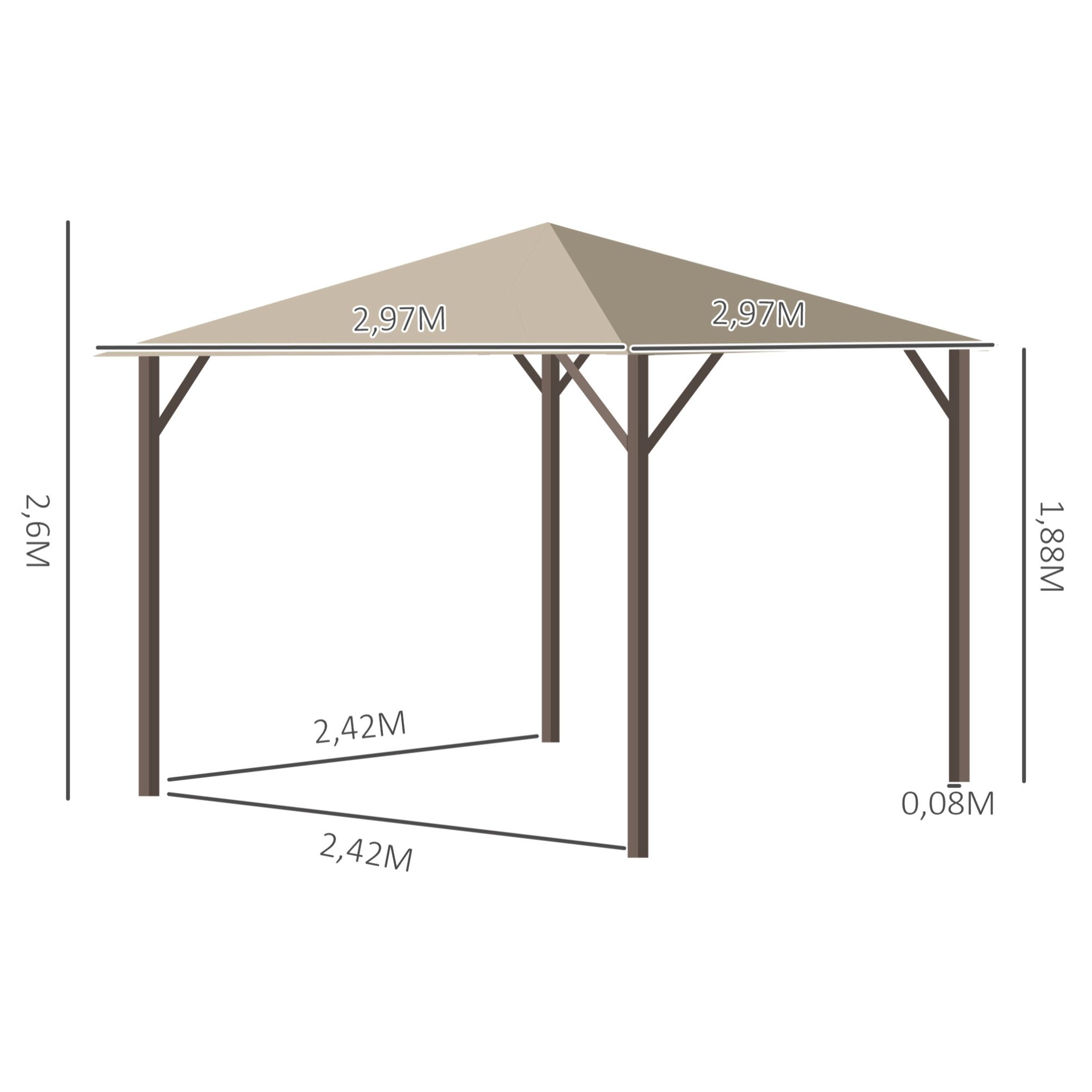 Tonnelle barnum de jardin 2,97L x 2,97l m avec 4 parois latérales amovibles - toit avec évent - porte zippée - armature aluminium et acier - beige