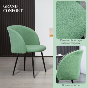 Chaises de visiteur design - lot de 2 chaises - piètement incliné effilé acier noir - revêtement effet laine bouclée vert