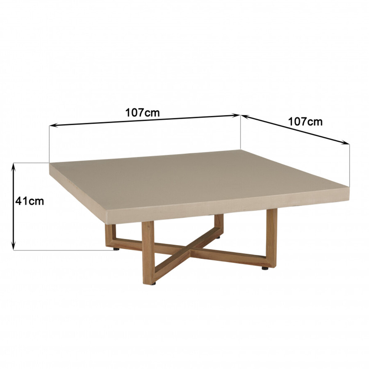 ERIS - Table basse carrée 107x107cm en béton beige pieds croisés en teck