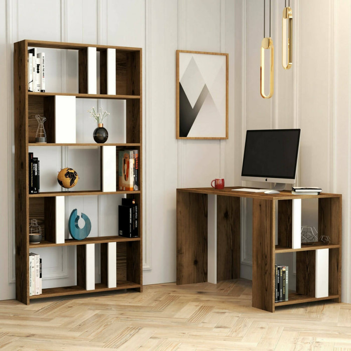 Scrivania Atene, Scrittoio multiuso, Tavolo per ufficio porta PC, Piano di lavoro, 120x60h75 cm, Noce e Bianco