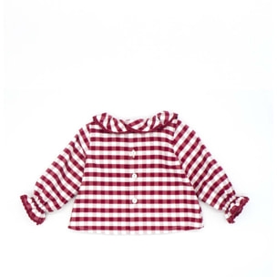 Blusa con cuello volante de cuadro vichy granate y blanco