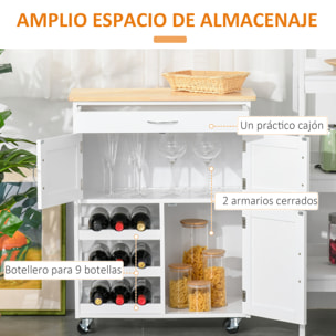 Carro de Cocina con Ruedas Carrito de Servicio con Cajón 2 Armarios de Almacenaje y 3 Estantes Abiertos de 9 Botellas para Comedor Restaurante 67x37x87 cm Blanco