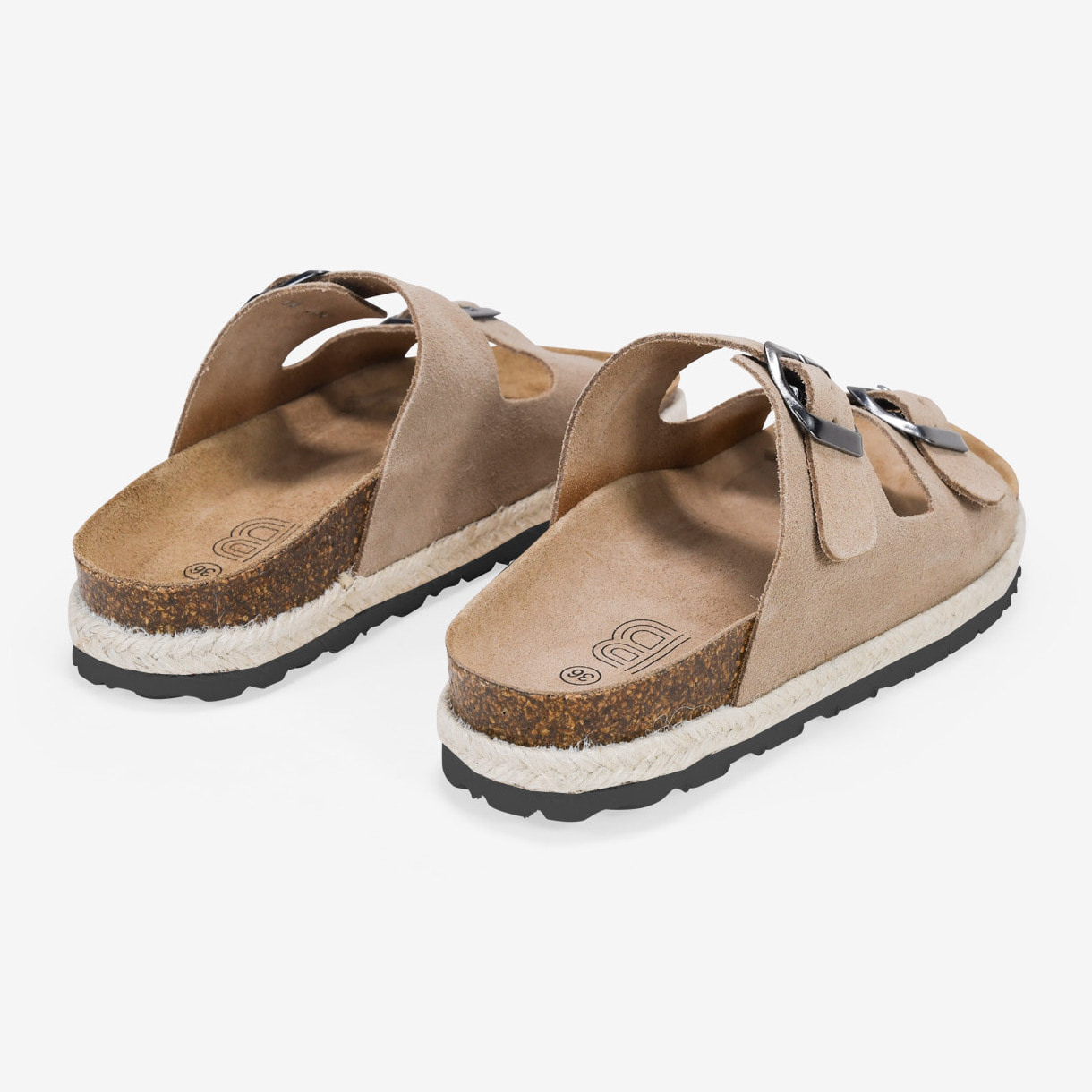 Sandalias planas serraje piel taupe con suela de corcho