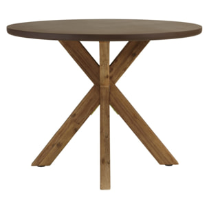 NESTOR - Table à manger ronde effet béton marron pied en bois d'acacia D100cm